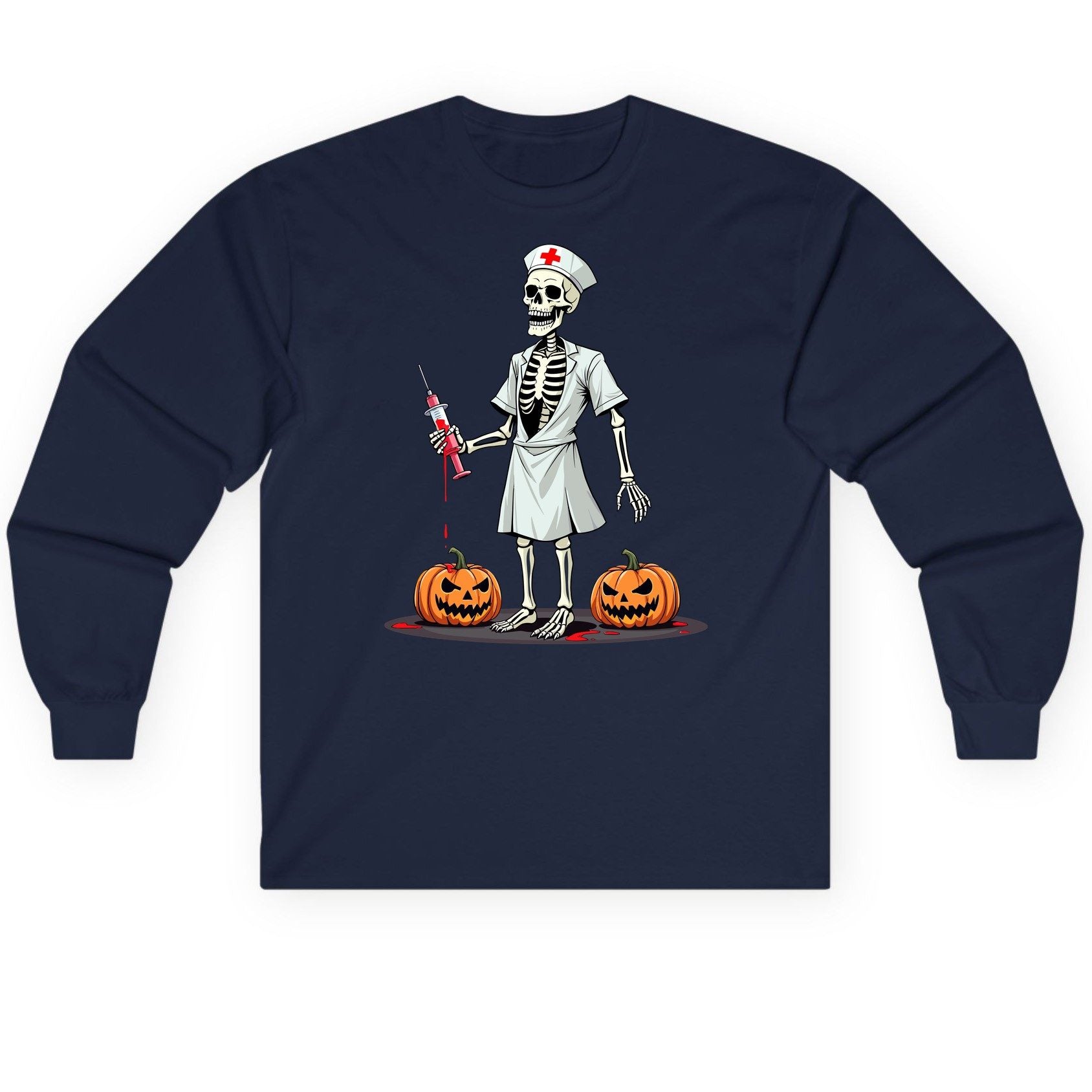 Spooky Skeleton Nurse Halloween skeleton nurse Long Sleeve Tee Navy product mockup