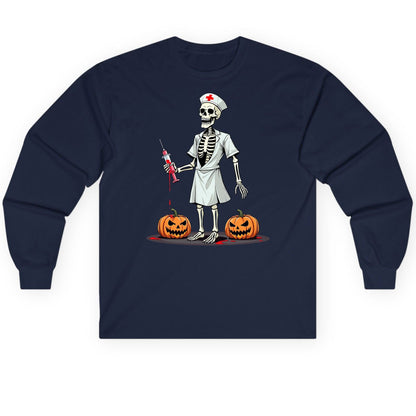 Spooky Skeleton Nurse Halloween skeleton nurse Long Sleeve Tee Navy product mockup