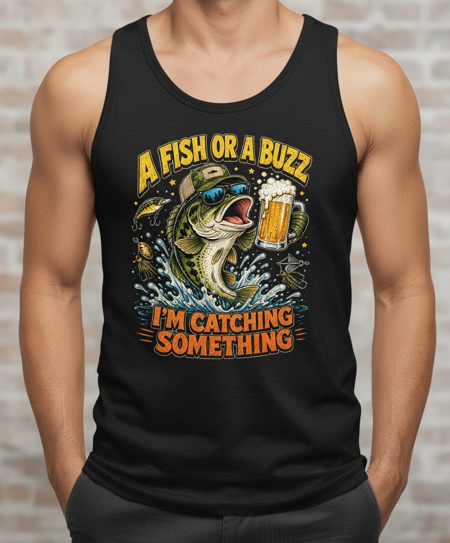 A Fish or a Buzz I'm Catching Something Funny Fishing Tank Top - product mockup - Black