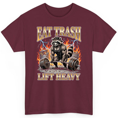 Eat Trash Lift Heavy weightlifting raccoon T-Shirt Maroon product mockup
