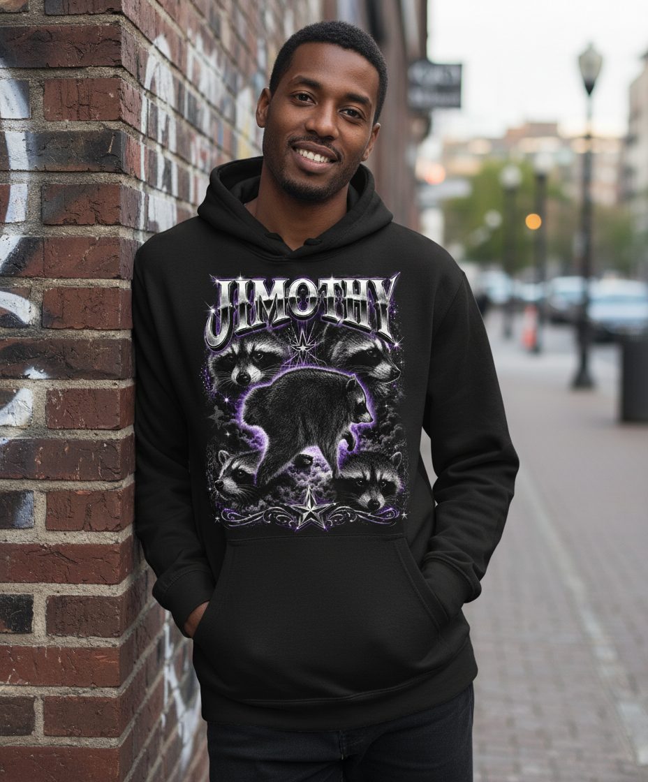 Jimothy Funny Raccoon Hoodie - lifestyle model mockup - Black