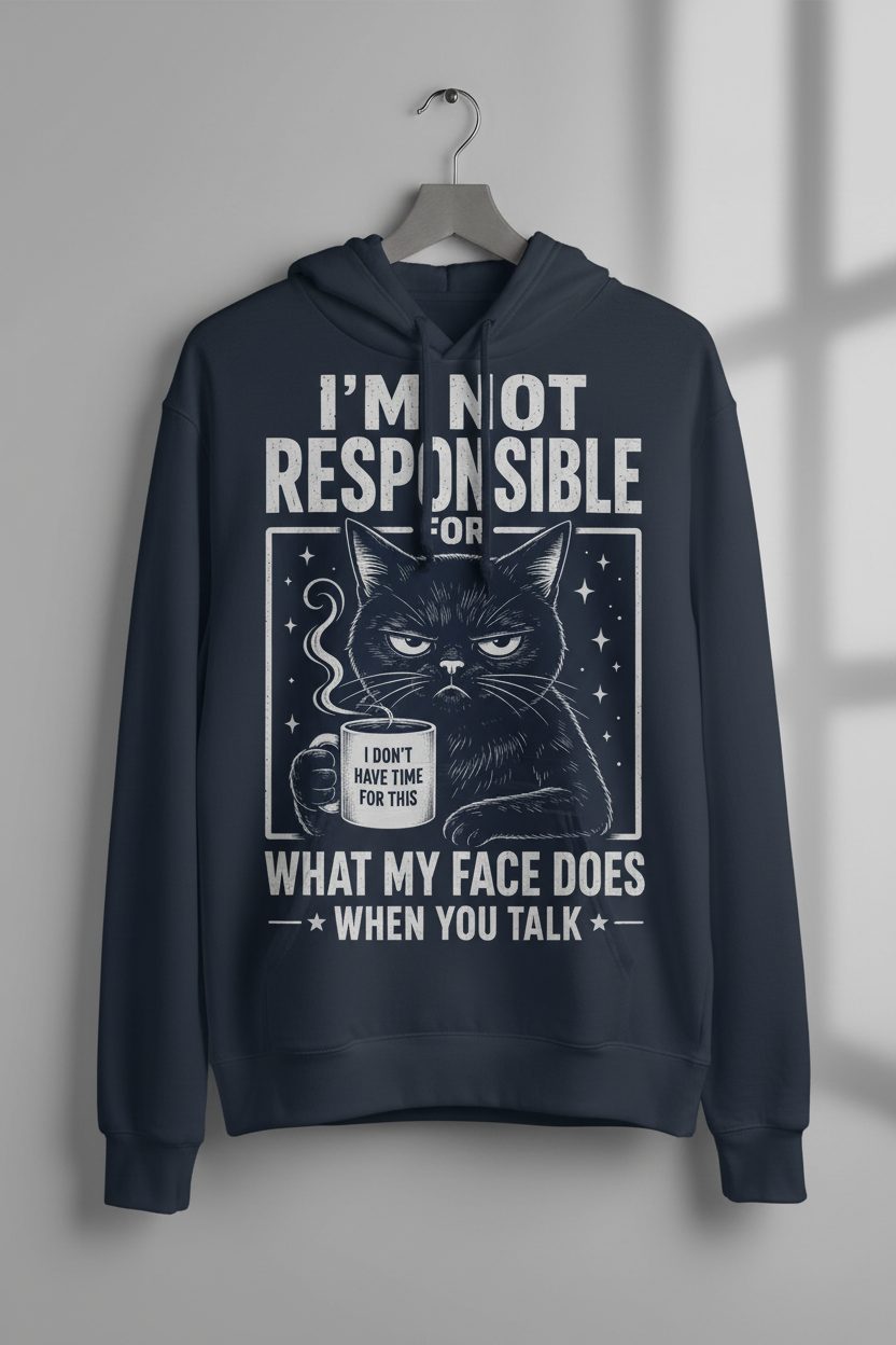 I'm Not Responsible for What My Face Does When You Talk Funny Sarcastic Cat Hoodie - product mockup - Navy