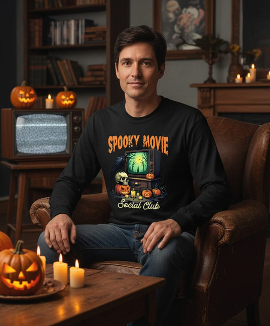 Spooky Movie Social Club Halloween Long Sleeve Tee Black lifestyle mockup