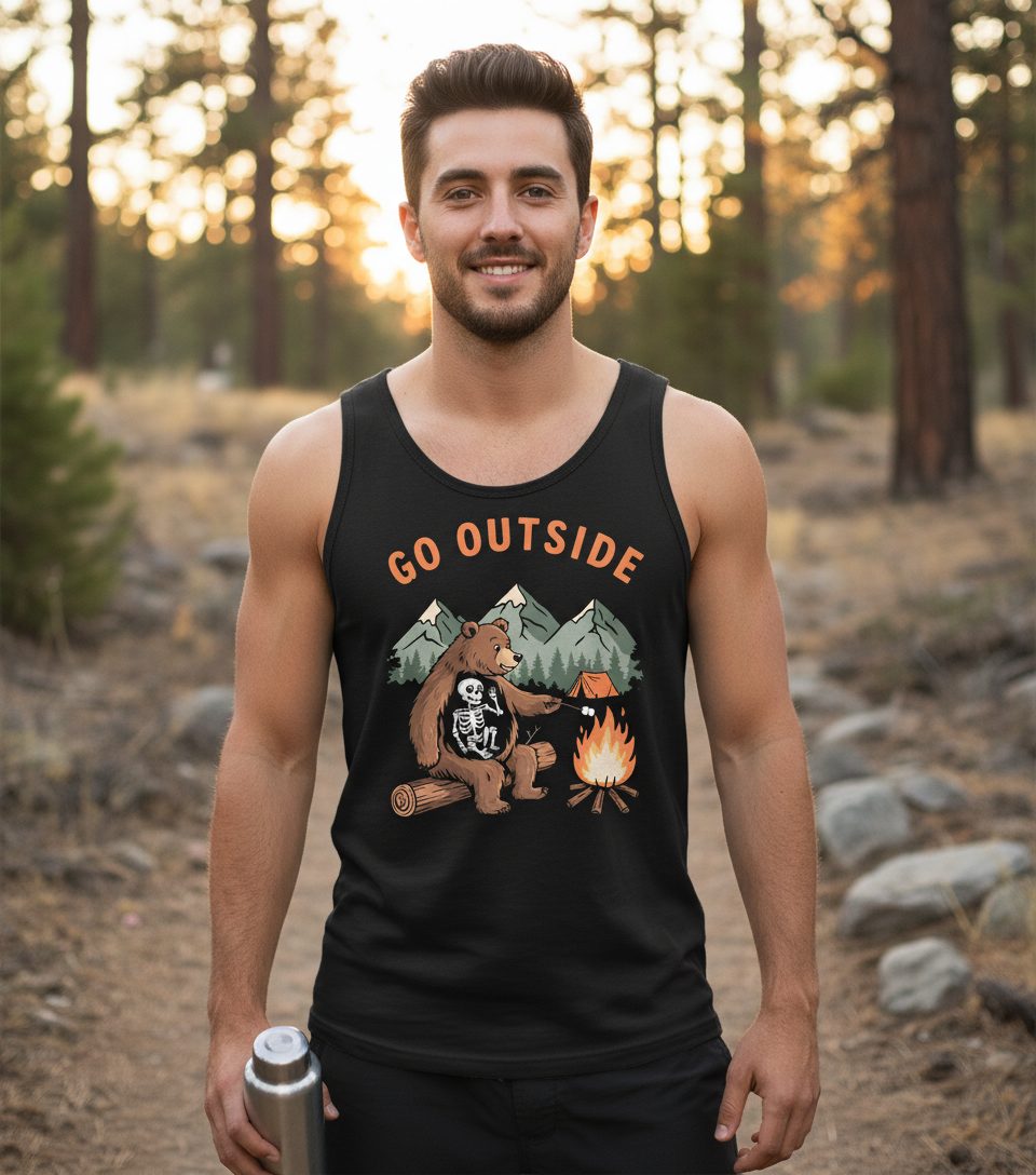 Go Outside funny bear Tank Top Black lifestyle mockup
