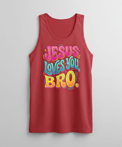 JESUS LOVES YOU BRO Retro Christian Tank Top - product mockup - Red