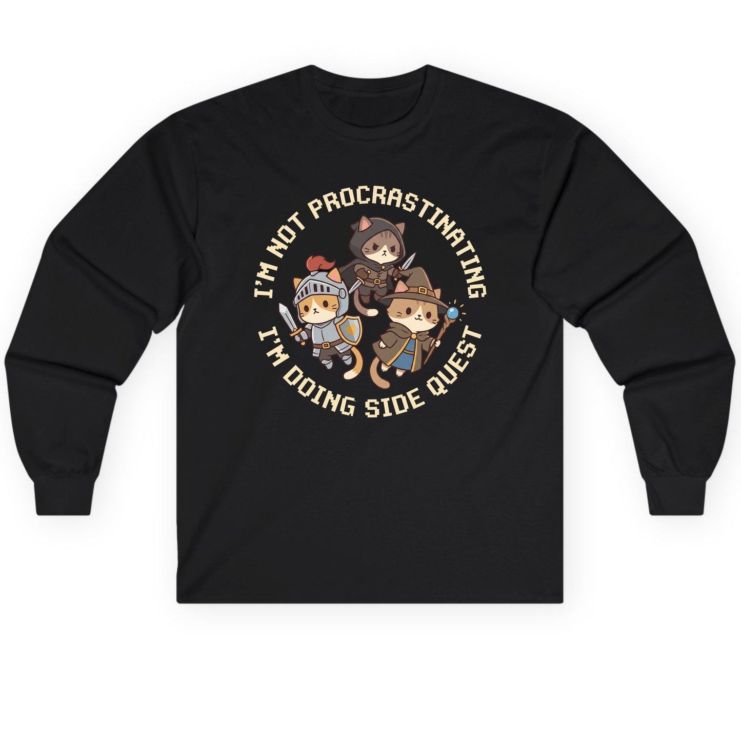 I'm Not Procrastinating I'm Doing Side Quest rpg cats Long Sleeve Tee Black product mockup