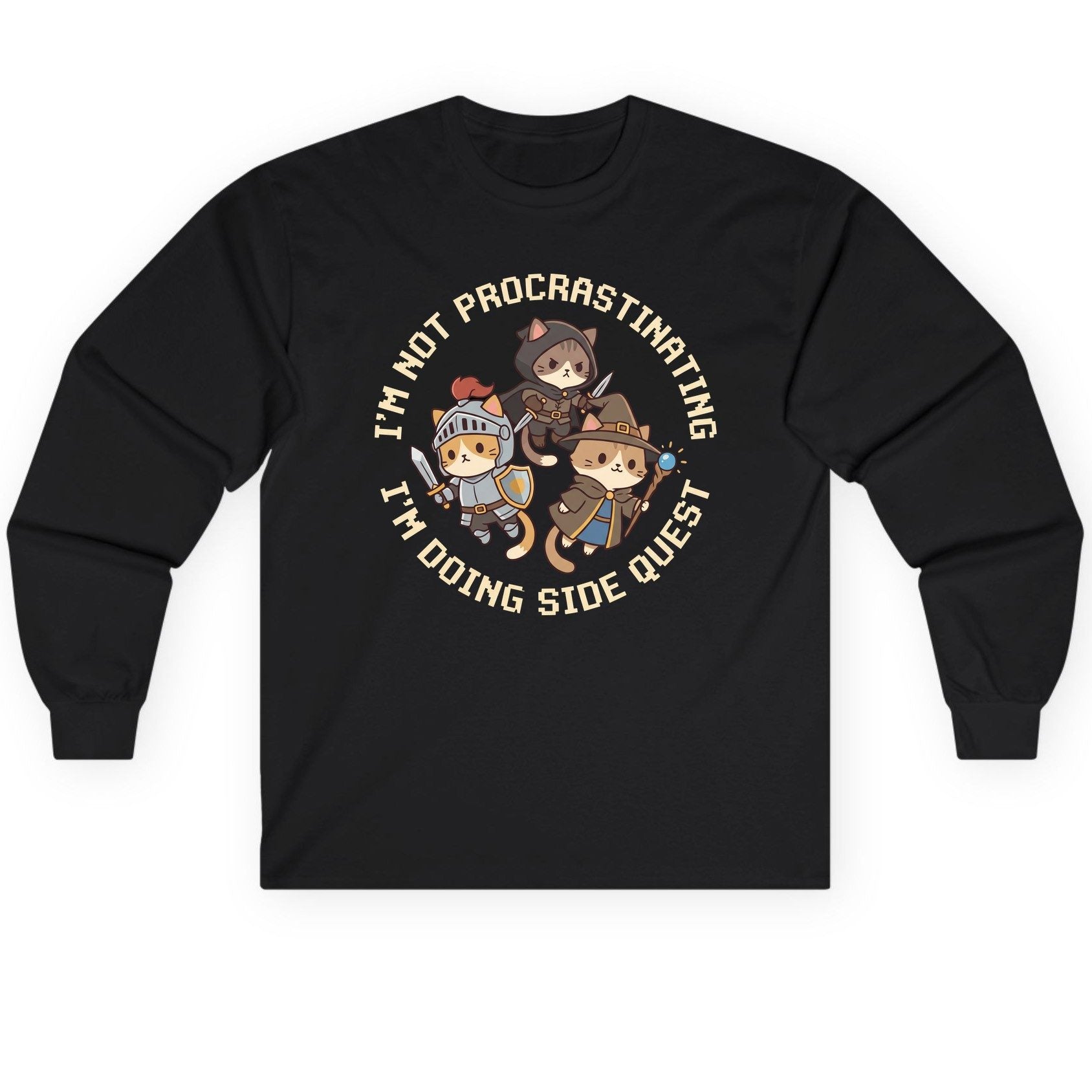 I'm Not Procrastinating I'm Doing Side Quest rpg cats Long Sleeve Tee Black product mockup