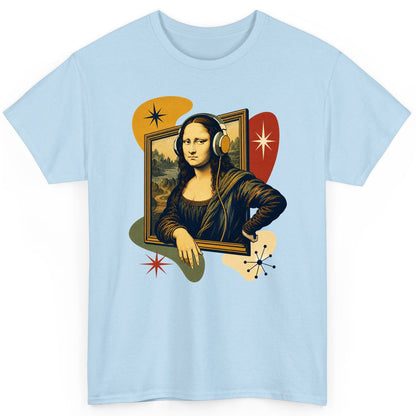 Retro Mona Lisa with Headphones Funny Art Lovers T-Shirt - product mockup - Light Blue