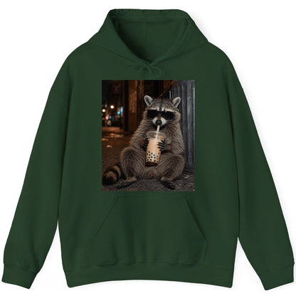 Cool Raccoon Bubble Tea Funny Lovers Hoodie - product mockup - Forest Green
