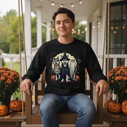 Halloween Huskies in Costumes Halloween huskies Sweatshirt Black lifestyle mockup