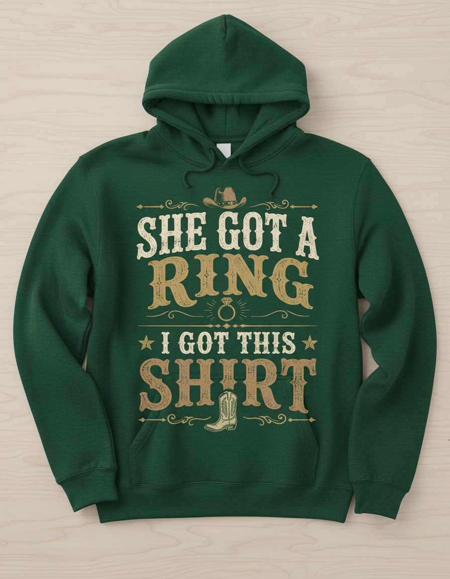 SHE GOT a RING I GOT THIS SHIRT Funny Bachelor Party Hoodie - product mockup - Forest Green