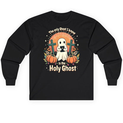 The Only Ghost I Know Is the Holy Ghost christian Halloween Long Sleeve Tee Black product mockup