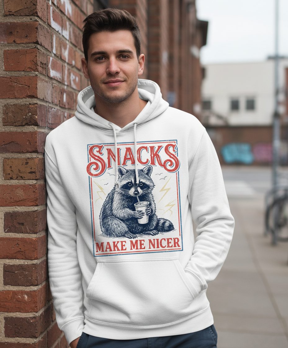SNACKS MAKE ME NICER Funny Raccoon Hoodie - lifestyle model mockup - White