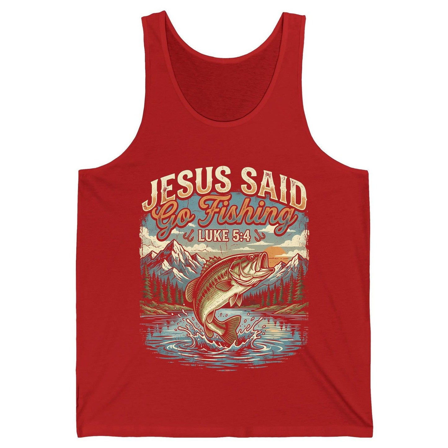 JESUS SAID Go Fishing LUKE 5 4 Retro Christian Tank Top - product mockup - Red
