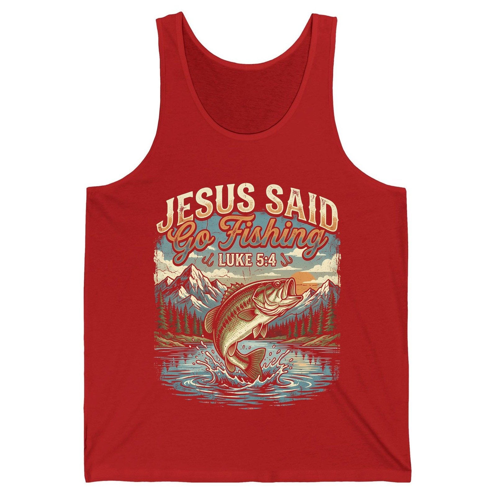JESUS SAID Go Fishing LUKE 5 4 Retro Christian Tank Top - product mockup - Red