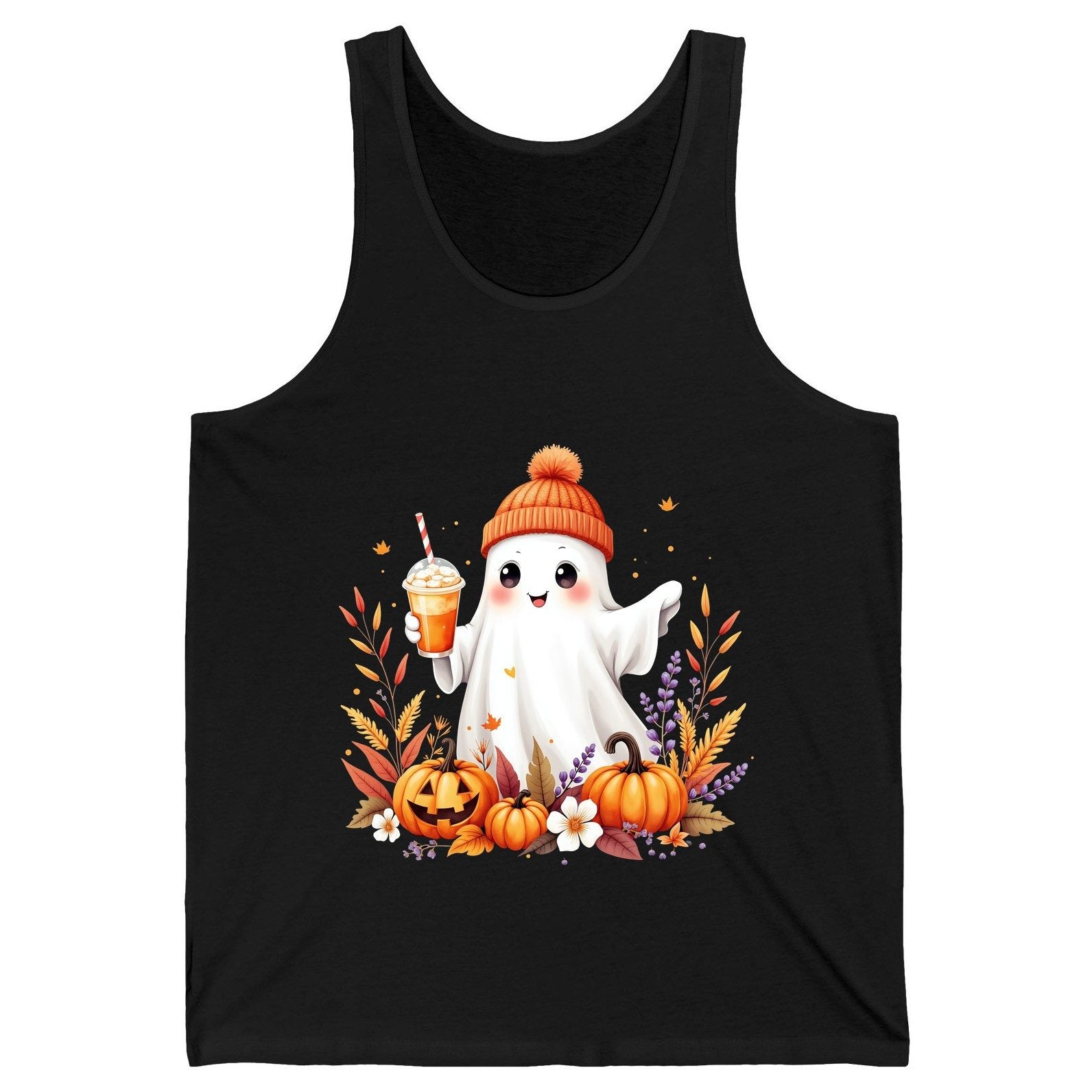 Cute Ghost Pumpkin Spice Latte cute Halloween ghost Tank Top Black product mockup