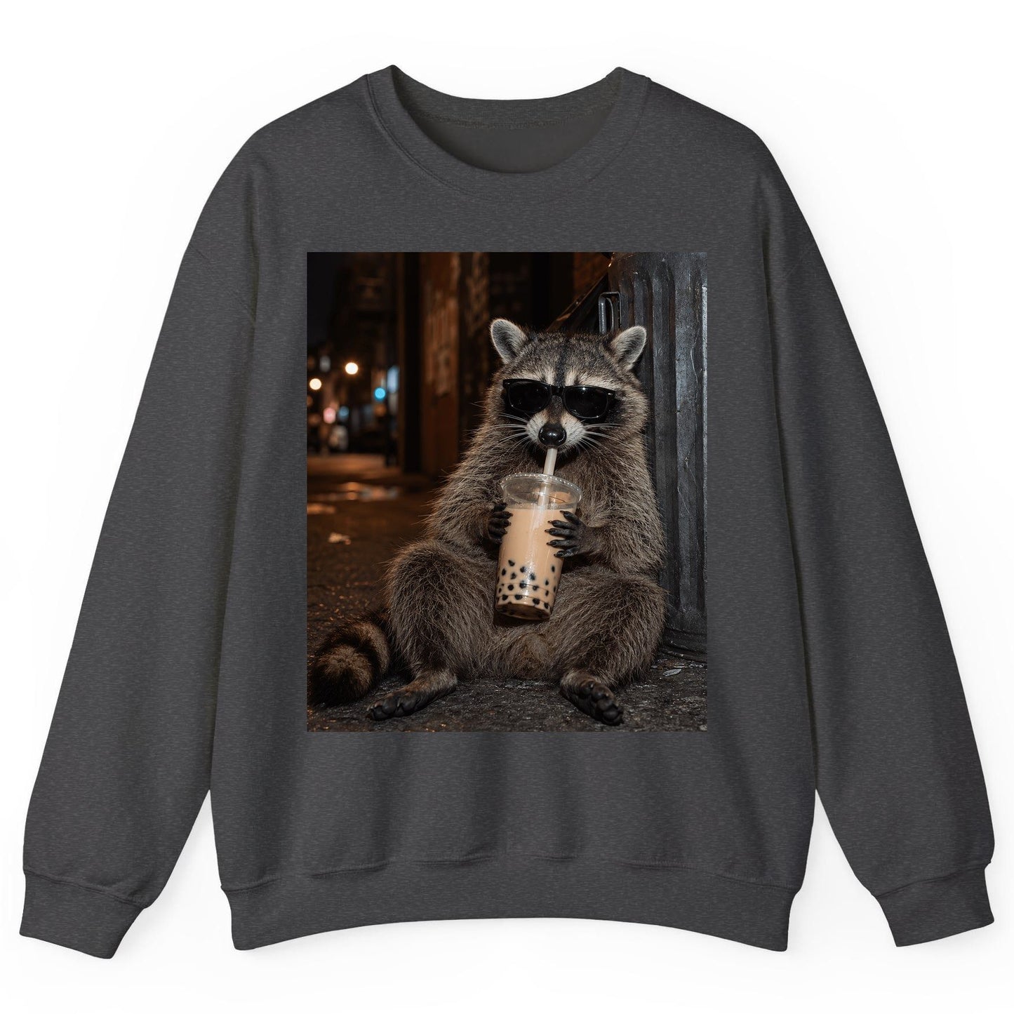 Cool Raccoon Bubble Tea Funny Lovers Sweatshirt - product mockup - Dark Heather