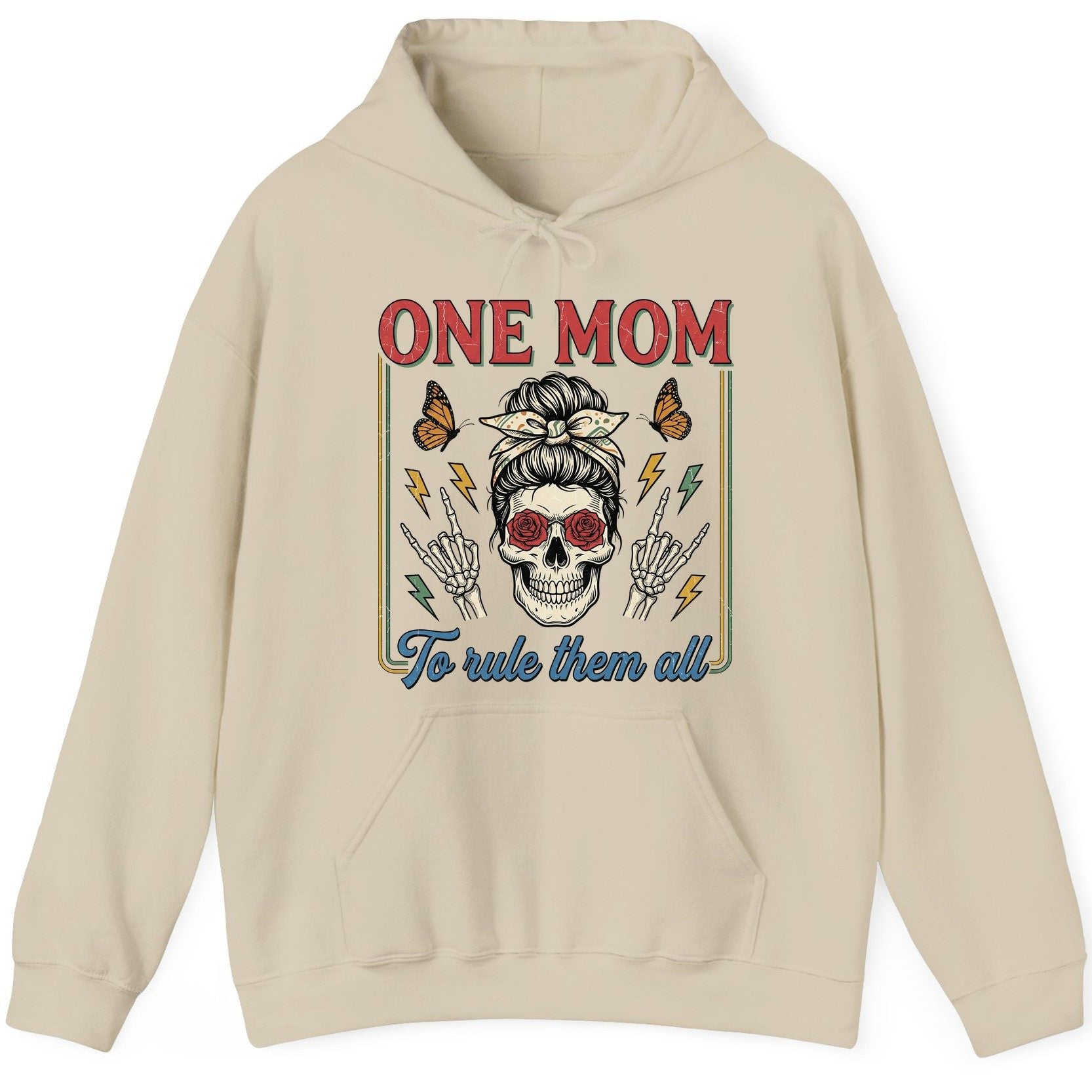 ONE MOM to Rule Them All Funny Skull Hoodie - product mockup - Sand