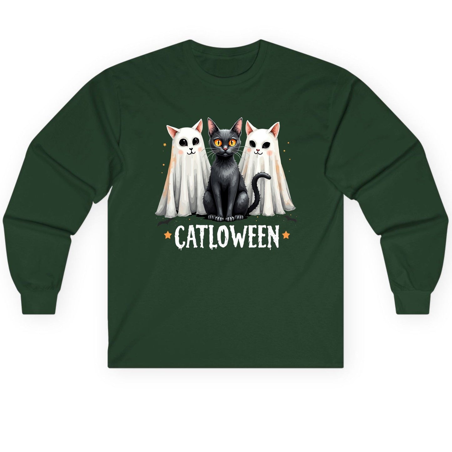 Catloween Halloween cats Long Sleeve Tee Forest Green product mockup