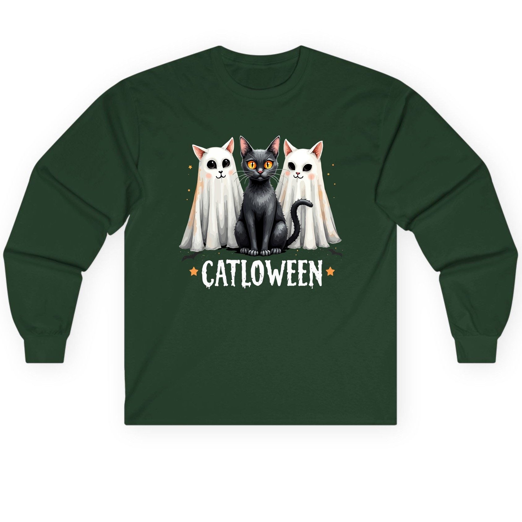 Catloween Halloween cats Long Sleeve Tee Forest Green product mockup