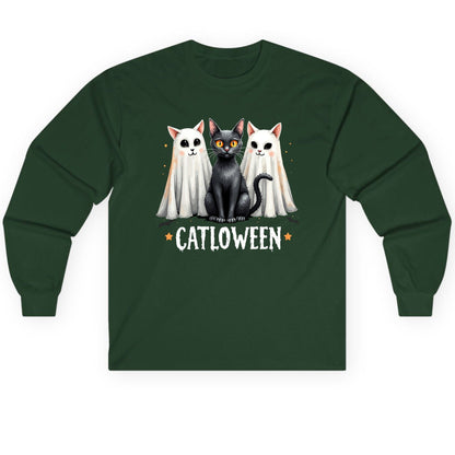Catloween Halloween cats Long Sleeve Tee Forest Green product mockup