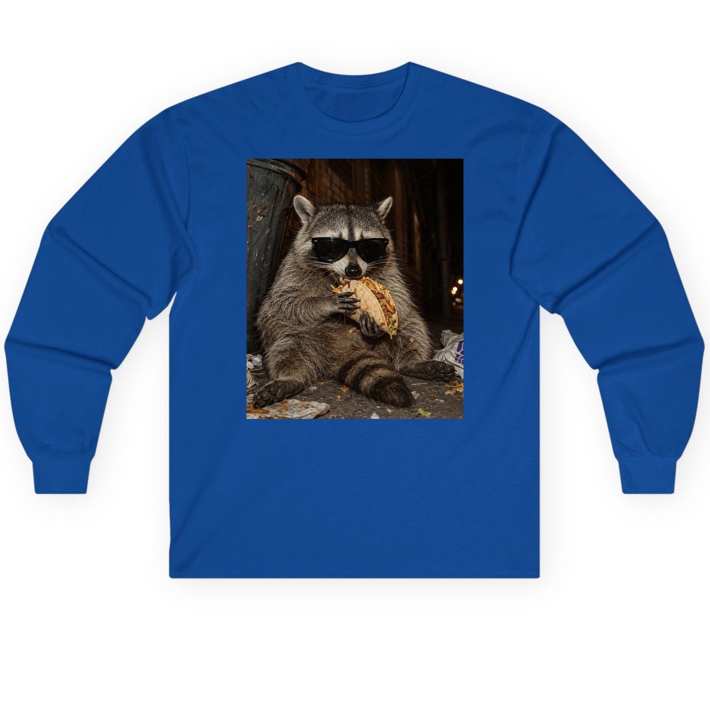 Raccoon Eating Taco Funny Animal Lovers Long Sleeve Tee - product mockup - Royal