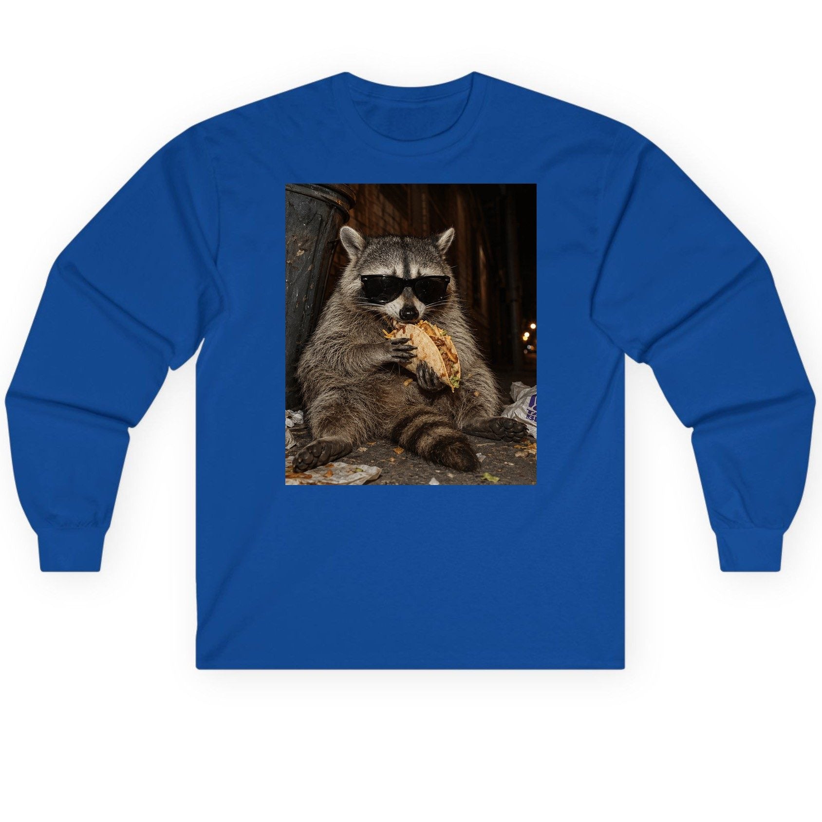 Raccoon Eating Taco Funny Animal Lovers Long Sleeve Tee - product mockup - Royal