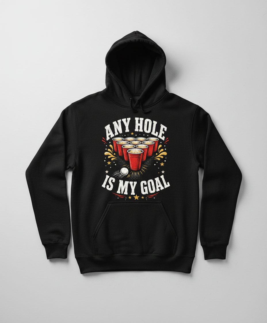 Any Hole Is My Goal Funny Beer Pong Hoodie - product mockup - Black