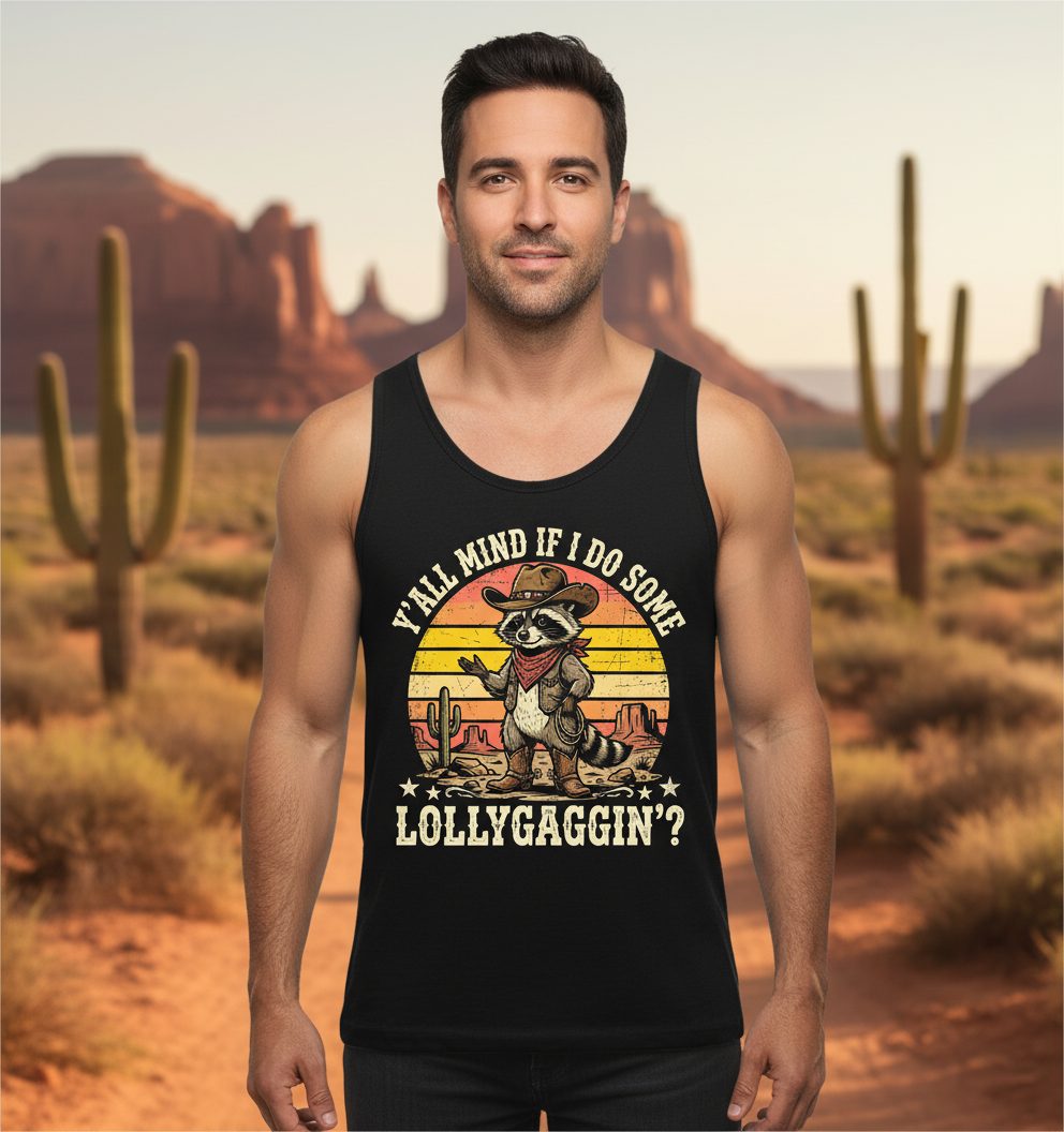 Y'ALL MIND IF I DO SOME Lollygaggin' Funny Cowboy Raccoon Tank Top - lifestyle model mockup - Black