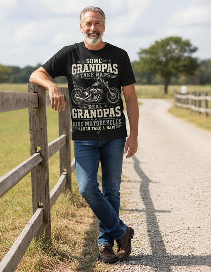 Some Grandpas Take Naps Real Grandpas Ride Motorcycles (then Take a Nap) Funny Biker T-Shirt - lifestyle model mockup - Black