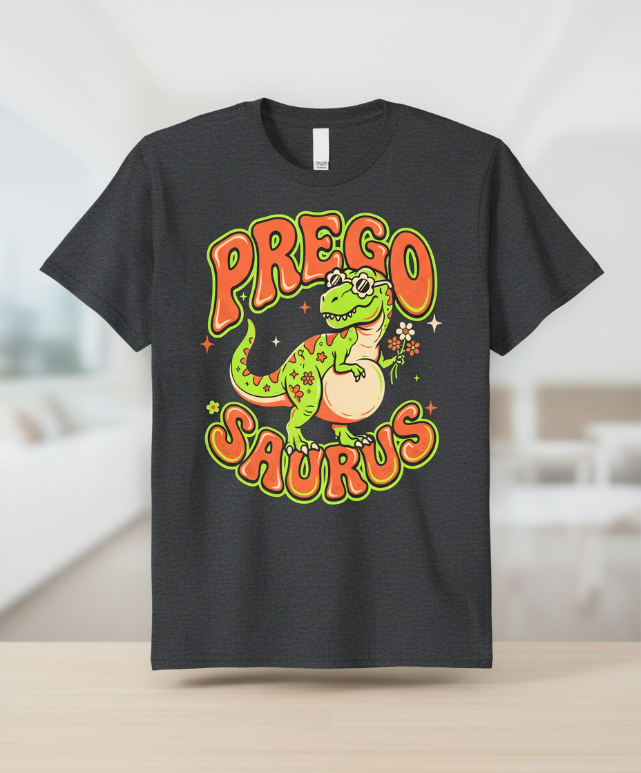 Prego Saurus Retro Pregnant Dinosaur T-Shirt - Dark Heather