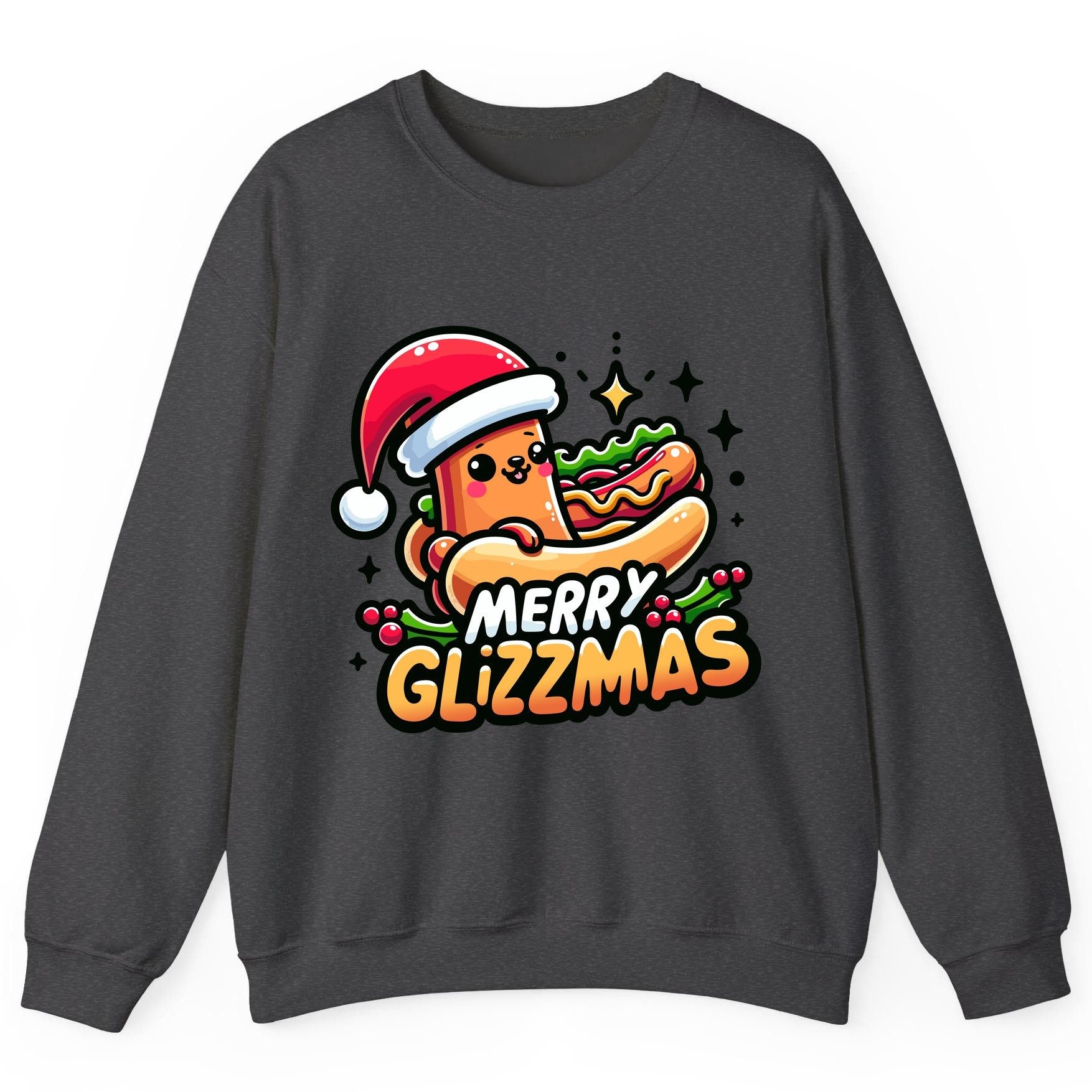 Merry Glizzmas hot dog Sweatshirt Dark Heather product mockup