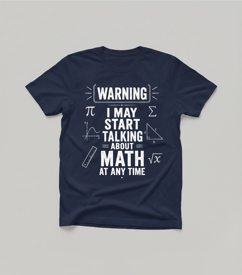 Warning I May Start Talking About Math at Any Time Funny Teachers T-Shirt - product mockup - Navy
