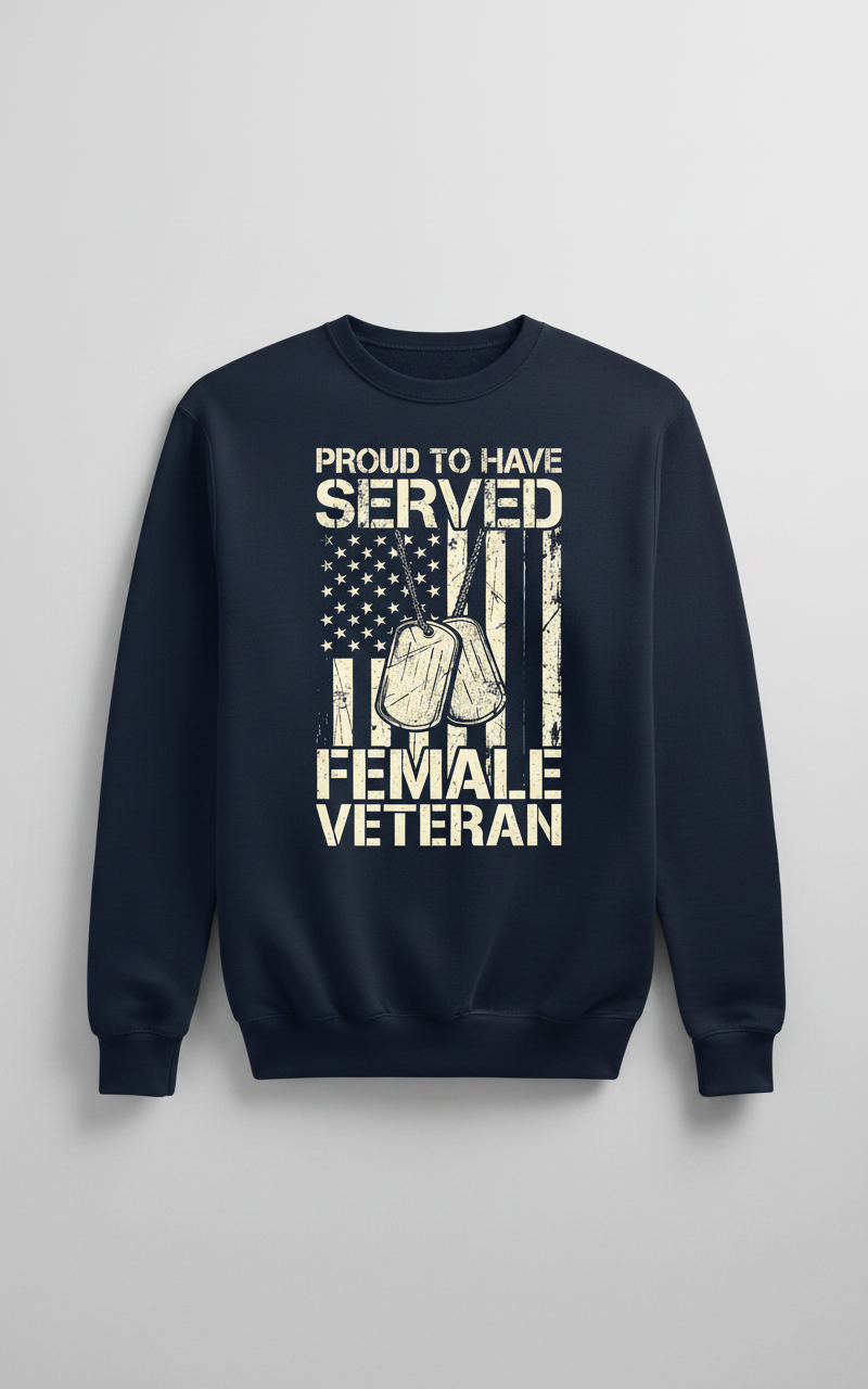 Proud Female Veteran American Flag Dog Tags Design Sweatshirt - Navy