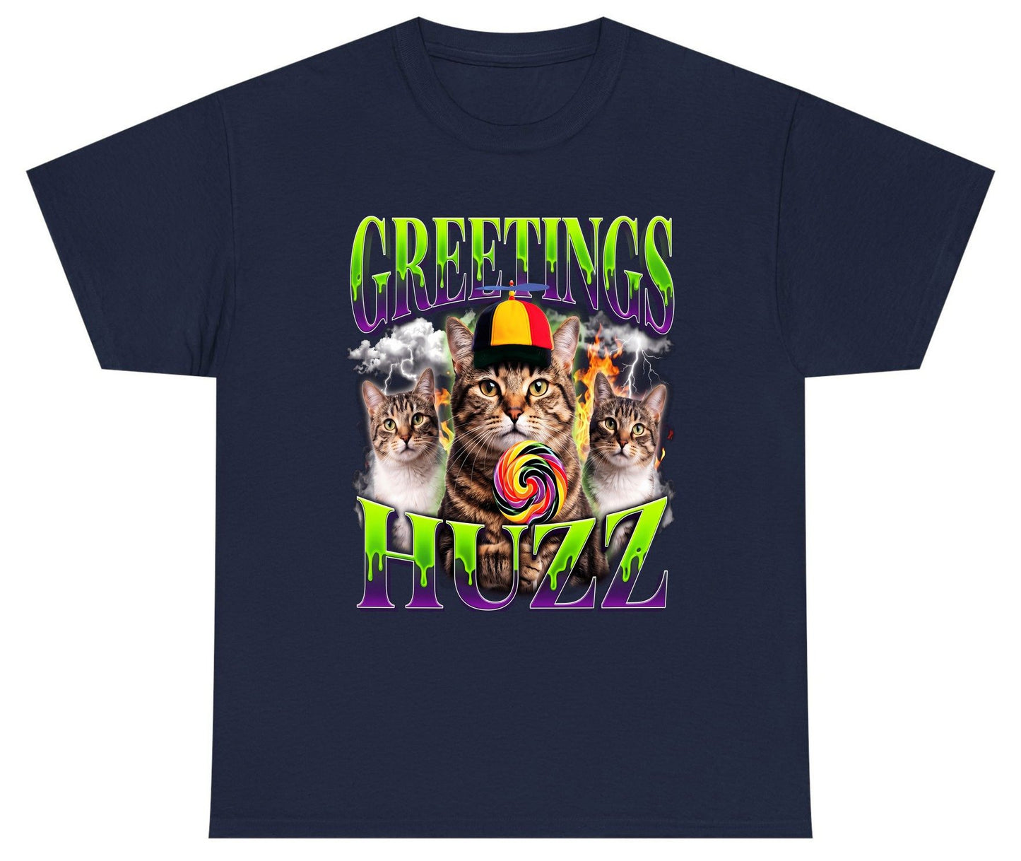 Greetings HUZZ Funny Cat Youth T-Shirt - product mockup - Navy