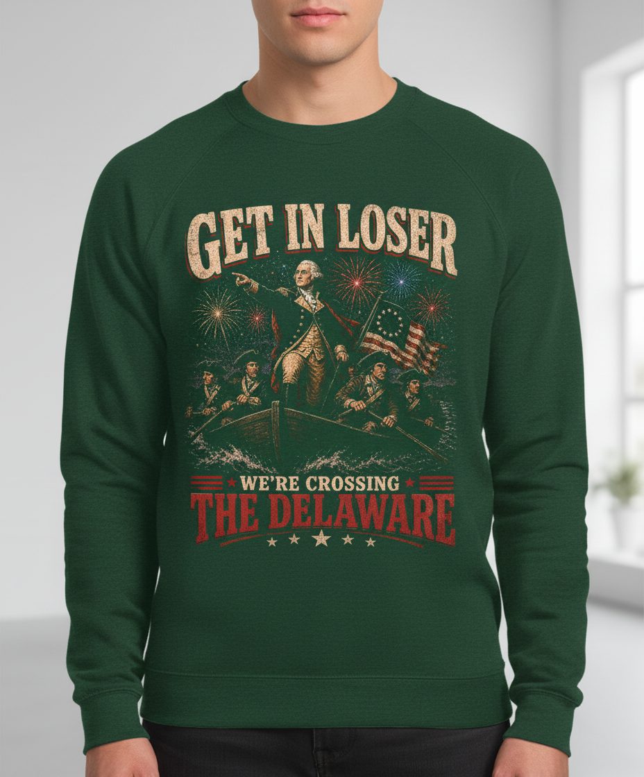 GET IN LOSER WE'RE Crossing THE Delaware Sweatshirt - product mockup - Forest Green