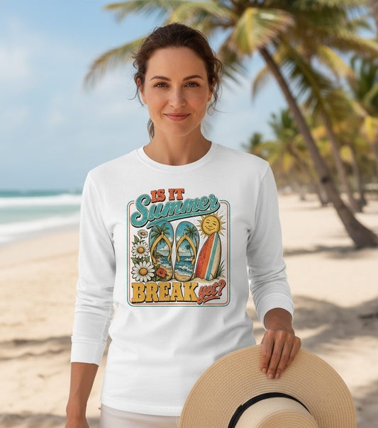 Is It Summer Break Yet Retro Vacation Long Sleeve Tee - lifestyle model mockup - White