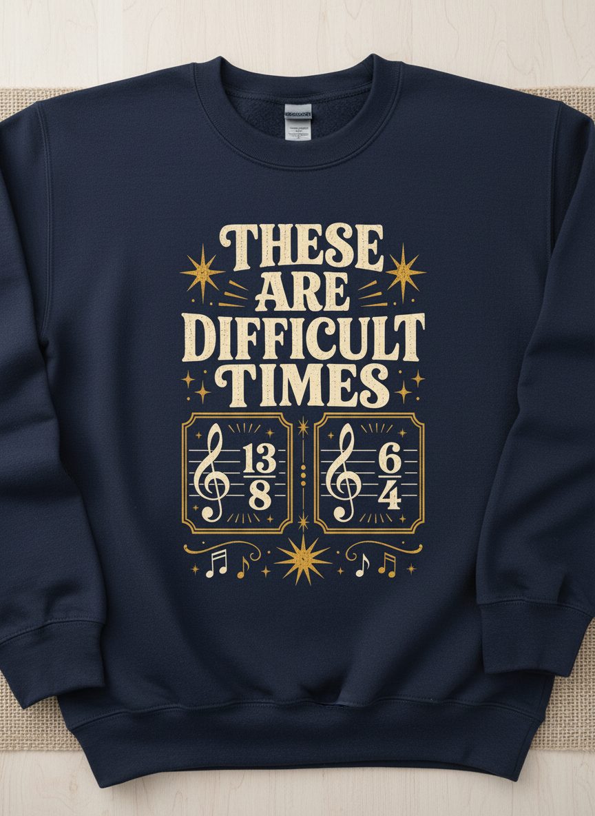 These Are Difficult Times Funny Music Pun Sweatshirt - product mockup - Navy