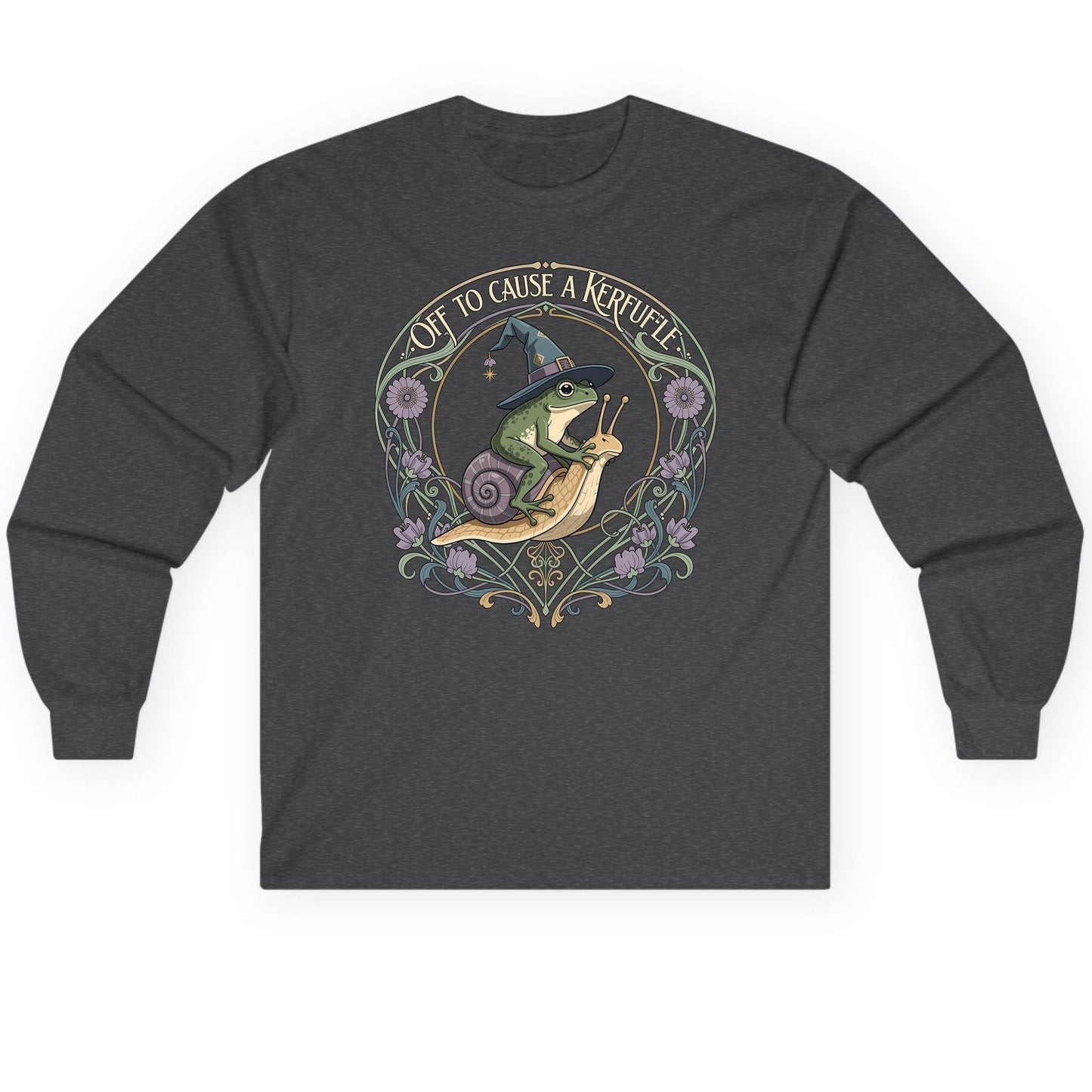 Off to Cause a Kerfuffle frog riding a snail Long Sleeve Tee Dark Heather product mockup