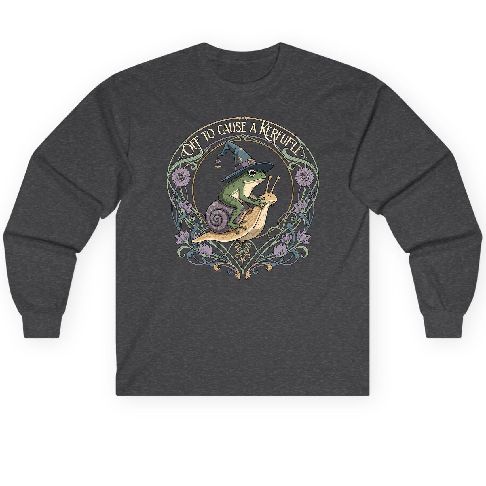 Off to Cause a Kerfuffle frog riding a snail Long Sleeve Tee Dark Heather product mockup