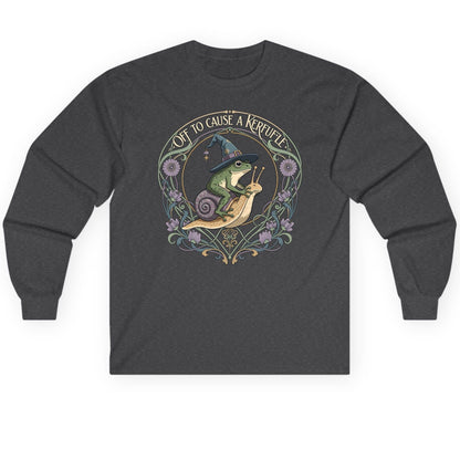 Off to Cause a Kerfuffle frog riding a snail Long Sleeve Tee Dark Heather product mockup