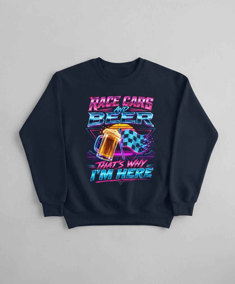 Race Cars and Beer That's Why I'm Here Retro Racing Sweatshirt - product mockup - Navy
