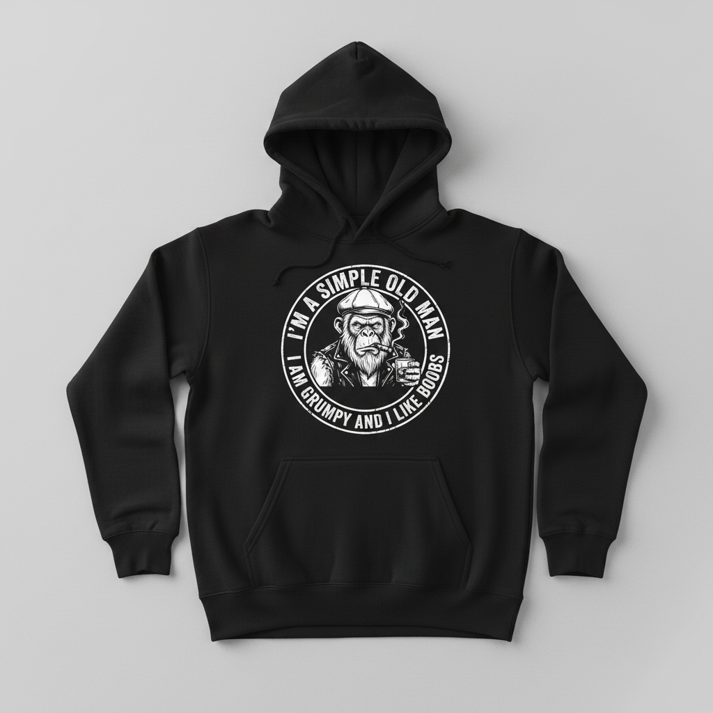 Grumpy Old Man Ape with Whiskey and Cigar Funny Quote Hoodie - Black