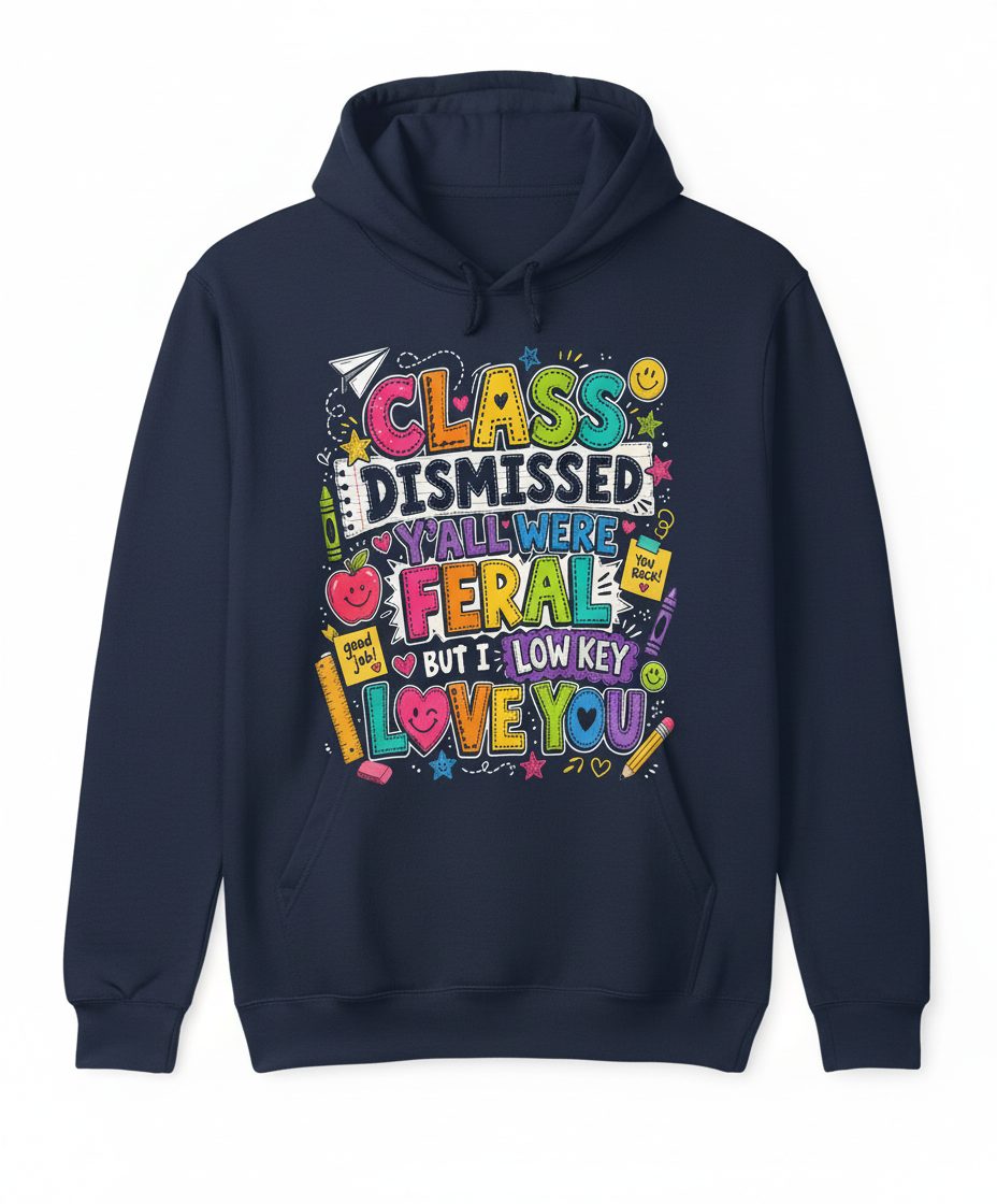 Class Dismissed Y'all Were Feral but I Low Key Love You Hoodie - product mockup - Navy