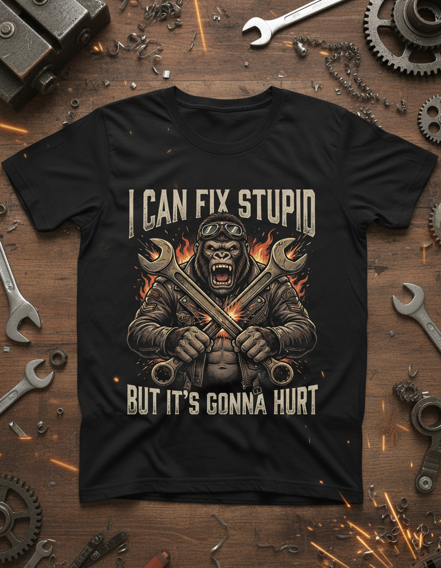 I Can Fix Stupid Gorilla Mechanic Biker Design T-Shirt - Black