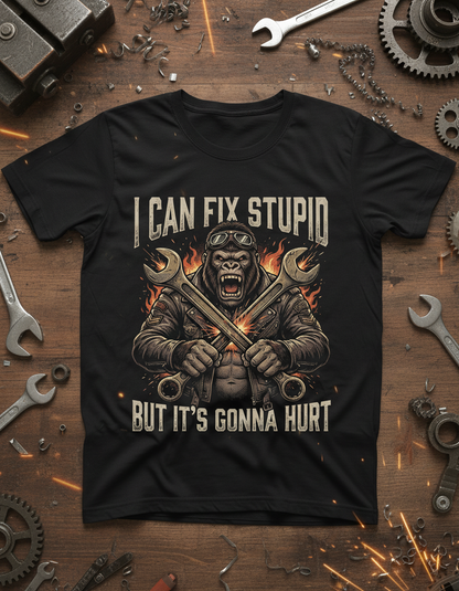 I Can Fix Stupid Gorilla Mechanic Biker Design T-Shirt - Black