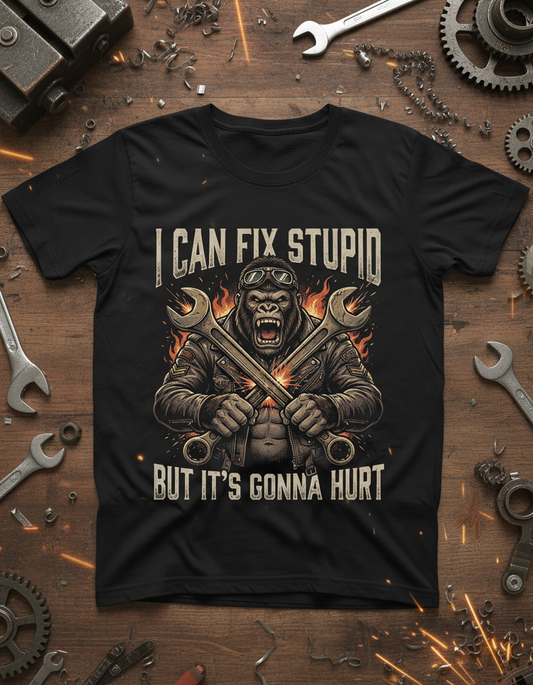 I Can Fix Stupid Gorilla Mechanic Biker Design T-Shirt - Black