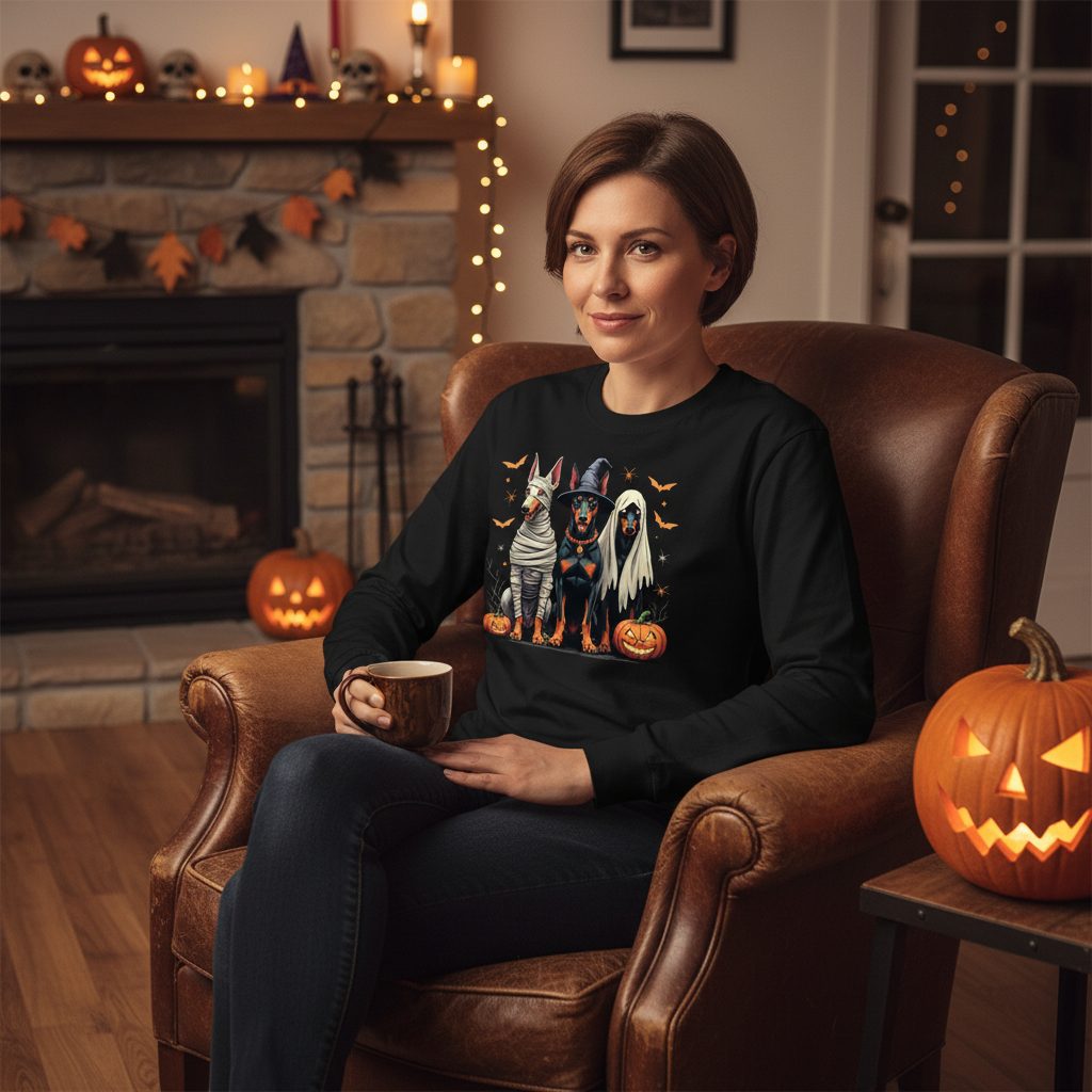 Halloween Doberman Trio doberman pinscher Long Sleeve Tee Black lifestyle mockup