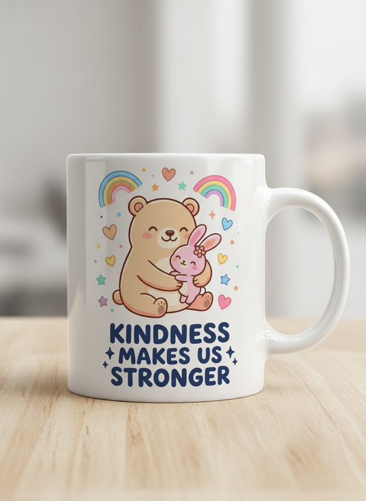 Cute Bear and Bunny Hug Kindness Makes Us Stronger Design White Mug - White