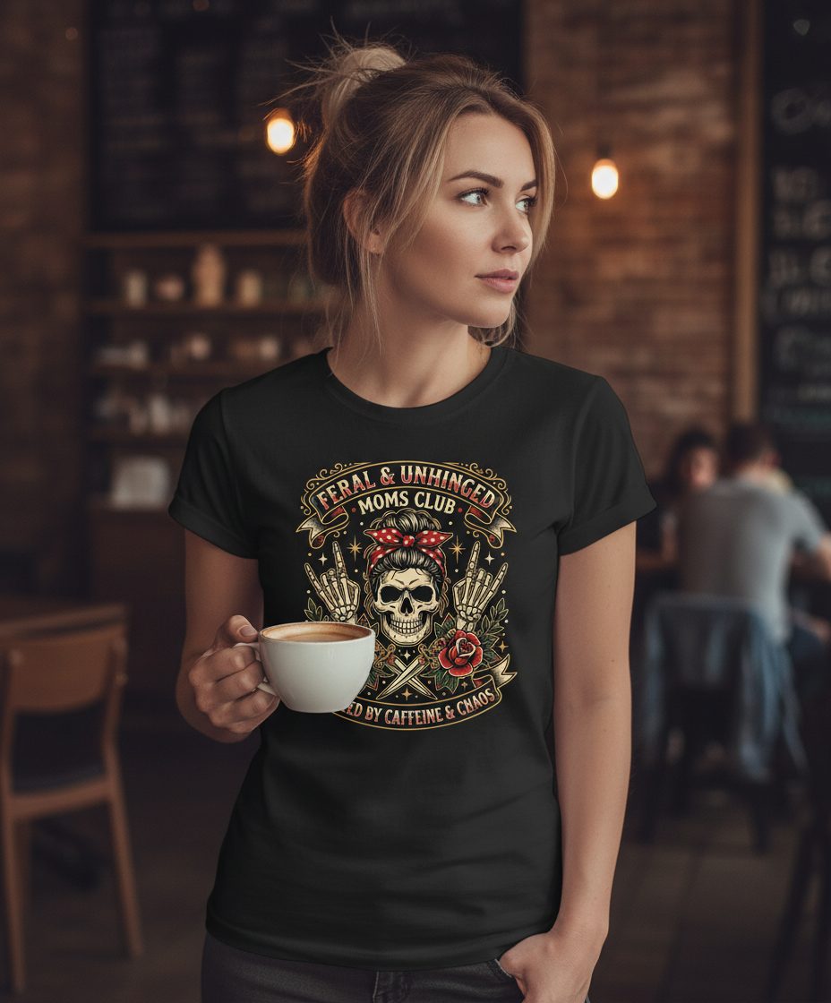 Feral & Unhinged Moms Club Fueled by Caffeine & Chaos T-Shirt - lifestyle model mockup - Black